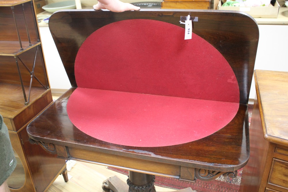 A Victorian rosewood folding card table, W.91cm D.45cm H.72cm